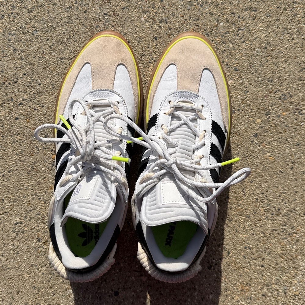 Adidas White and Black Sneakers with Neon Yellow Highlights